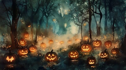 A Spooky pumpkin patch at night, glowing jack-o'-lanterns scattered among dark trees, mist rising from the ground, eerie atmosphere

