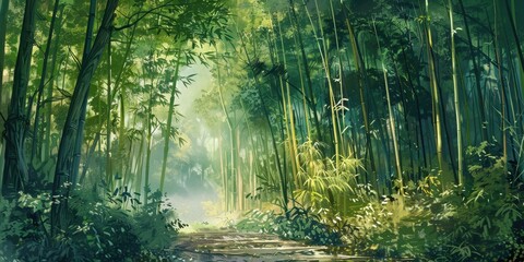 Fototapeta premium A serene bamboo forest with lush greenery, sunlight filtering through the trees, creating a peaceful and tranquil atmosphere.