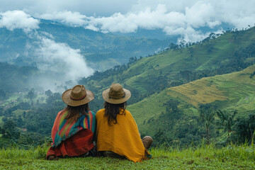 Two people sit with their backs to the camera and look at the beautiful nature of Colombia. Friendship Colombia