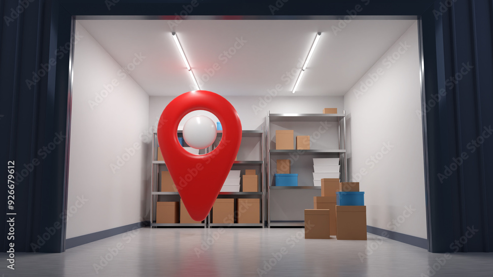 Aufkleber storage chamber. storage room. warehouse space with geotag. shelves with cardboard boxes inside stor