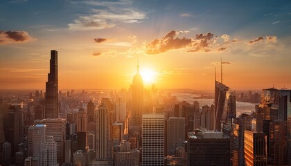 Fototapeta premium Spectacular urban skyline at sunset with towering skyscrapers and glowing sun in the background overlooking the cityscape