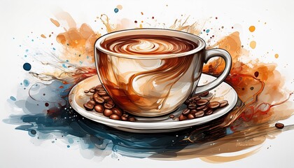 Stylish coffee cup with watercolor splash on white background for art and fashion designs