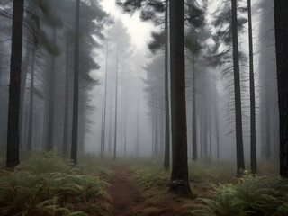 A pine forest shrouded in early morning mist, with tall trees disappearing into the fog. The ground is covered in pine needles, and the scene exudes a quiet, peaceful mood.