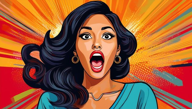 Emotional expression of a woman in pop art style with wide open mouth and eyes, illustration for fashion and beauty theme