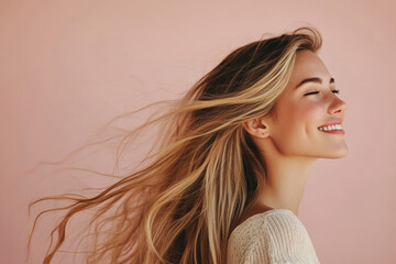 Fototapeta premium A close up of a black woman's face with her eyes closed and long blond hair