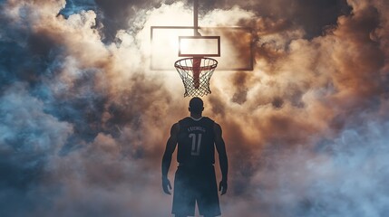A basketball player stands silhouetted against a backdrop of smoke and a basketball hoop, creating a dramatic and powerful image.