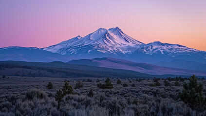 Fototapeta premium a dome mountain with a snow-capped summit against a pastel sunrise