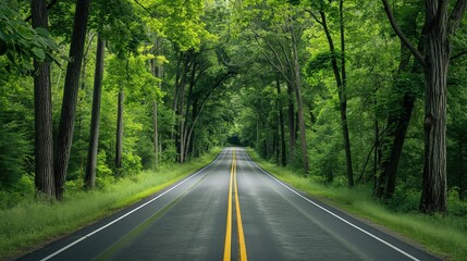 Fototapeta premium AI generator image of Car travel on the road,Road in foggy forest in rainy day in spring. Beautiful mountain curved roadway, trees with green foliage in fog and overcast sky. Landscape with empty asph