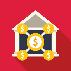 Illustration of a bank building surrounded by dollar coins, representing financial investments, savings, and the importance of financial institutions in the economy