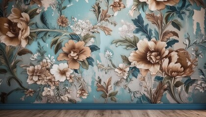 Texture, floral wallpaper peeling on the concrete wall, generative IA