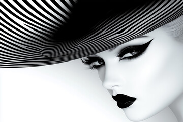 A woman with a black and white striped hat and makeup