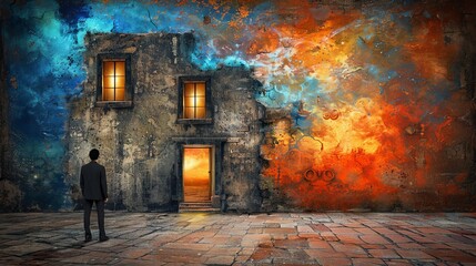 Businessman Contemplating Doorway to Another World, Nebula Clouds, Concepts of Reality