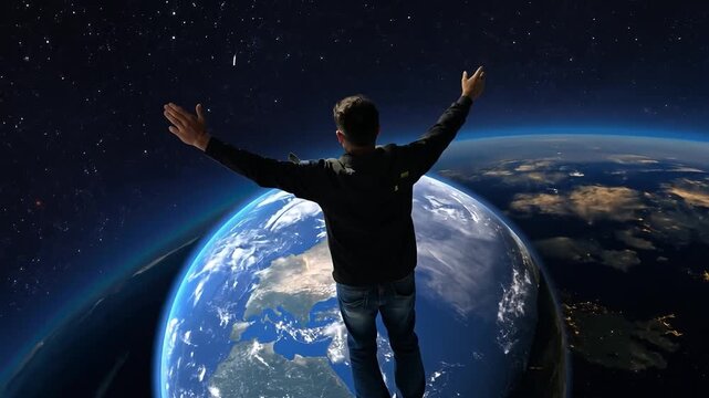 Man floating in space raising arms over planet earth