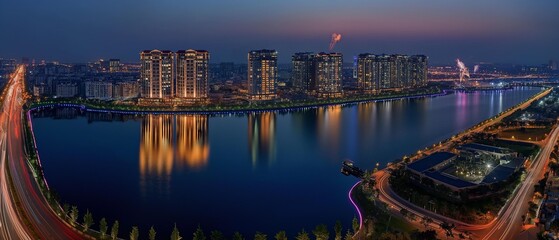 Fototapeta premium AI generator image of condominium, luxurious high-rise building with a pond and road around the building, at night beautiful lights from the building and road.