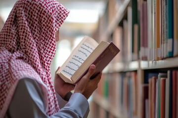 Man in a traditional headscarf reading a book in a library.