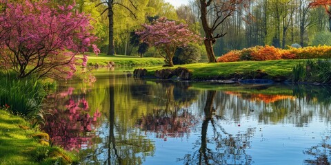 A serene landscape featuring colorful flowers and a calm pond surrounded by lush greenery reflecting the beauty of nature.