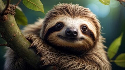 Adorable sloth clinging to a tree branch with lush green foliage in the background. Close-up photograph depicting the charm of wildlife