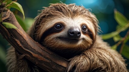 Fototapeta premium Adorable sloth clinging to a tree branch with lush green foliage in the background. Close-up photograph depicting the charm of wildlife