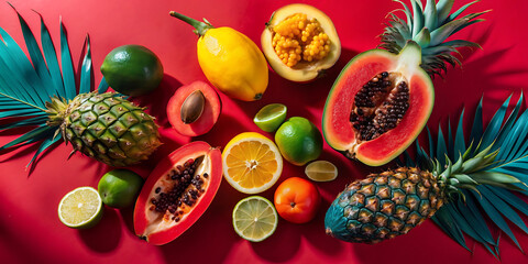 Top view creative layout with exotic summer fruits: papaya, pineapple, lime, yellow mango and passion fruit on pink background
