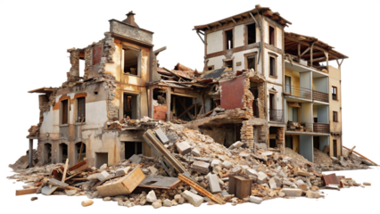Destroyed buildings after earthquake isolated on white t background.AI GENERATED