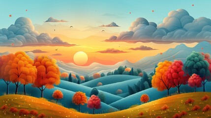 Autumn Landscape with Sunset and Rolling Hills