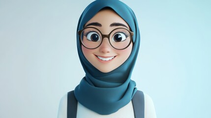 Smiling cartoon girl in glasses and hijab.
