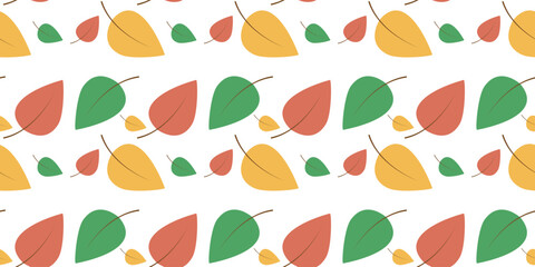 Fall Background. Seamless pattern. Multicolored autumn leaves on white background. For fabric design, cover, packaging. Vector graphics  
