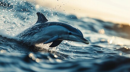 Fototapeta premium A detailed shot of a dolphin splashing and playing near the water surface, with a focus on the droplets and the dolphin's sleek, shiny skin.