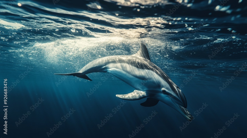 Poster a detailed shot of a dolphin swimming just beneath the water's surface, with its body partially visi