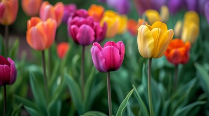 A detailed shot of a field of colorful tulips in full bloom, showcasing a spectrum of hues and the lush green foliage surrounding them