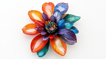 A detailed shot of a floral-themed hair clip with bright, colorful petals, set against a crisp white background to highlight its intricate design.