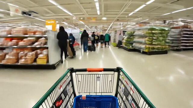 Shopping cart moving through supermarket aisles with blurry people shopping