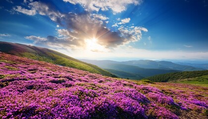 purple flowers hill under blue cloudy sky with sun