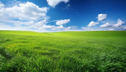 Fototapeta premium Sky and grass background, fresh green fields under the blue sky in spring