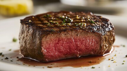 A detailed shot of a medium-rare beef steak with juicy pink center and charred grill marks, garnished with a drizzle of garlic butter.
