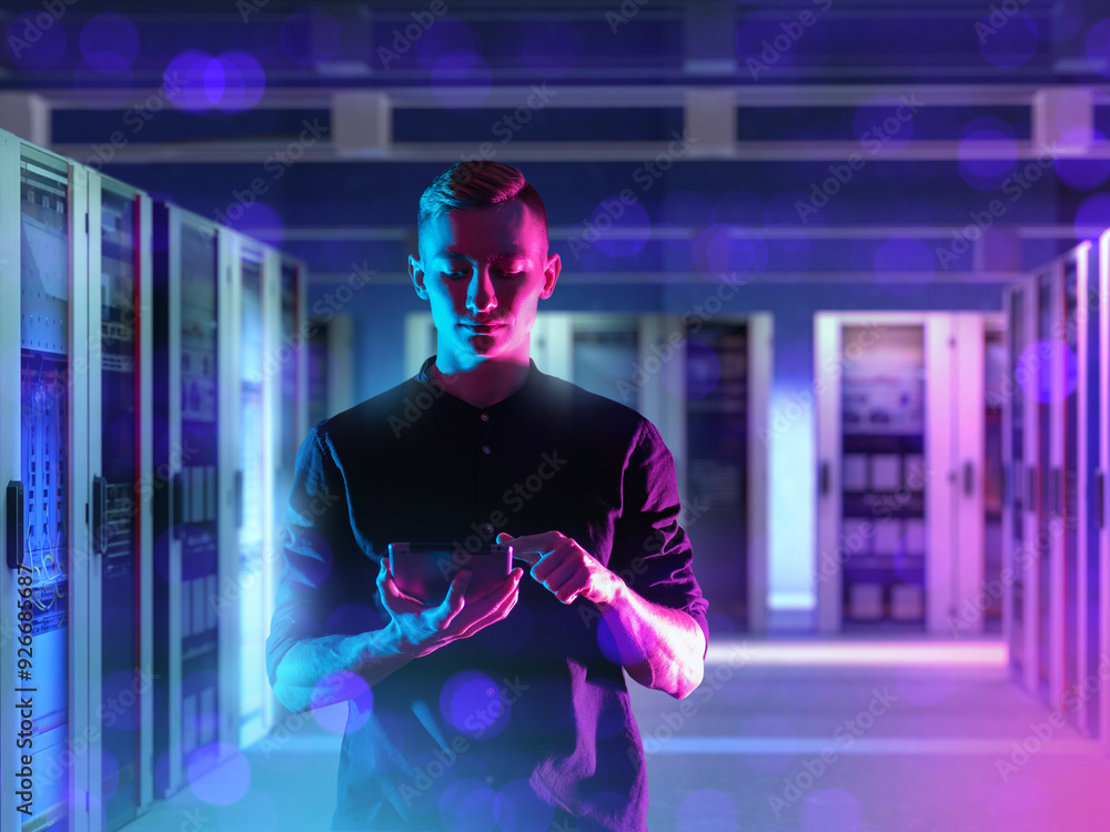 Poster man is standing in server room. system administrator at work. head of hosting company. man controls 