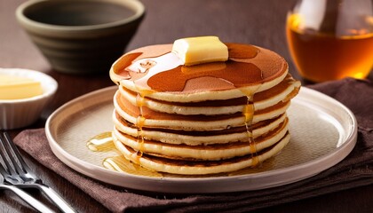 Stack of pancakes with butter and syrup