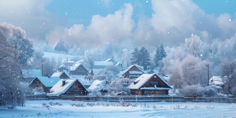 A serene winter landscape featuring snowy cottages surrounded by frosted trees and a tranquil river under a blue sky.