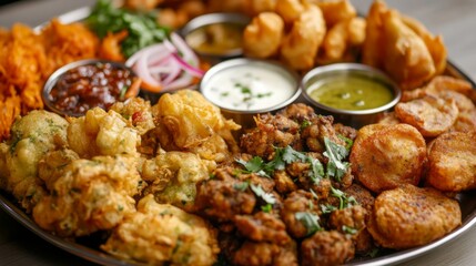 Fototapeta premium A detailed shot of a platter of assorted Indian appetizers, including pakoras, onion bhajis, and chutneys, arranged artfully on a plate.