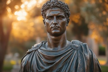 regal bronze statue stoic expression flowing robes intricate laurel crown ancient roman architecture backdrop warm golden hour lighting