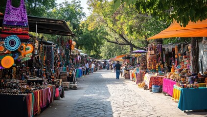A colorful market street with stalls selling jewelry.