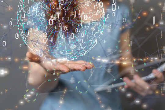 abstract lines with dots over dark background.  - neural network exposure digital