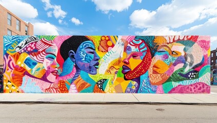 Colorful mural depicting four faces on a wall.