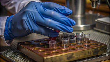Crop view of hand of researcher in blue rubber gloves using medical equipment for doing test in laboratory
