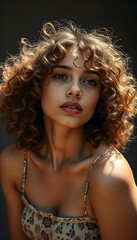 Fototapeta premium A young woman with curly brown hair, olive skin, and blue eyes looking directly at the camera