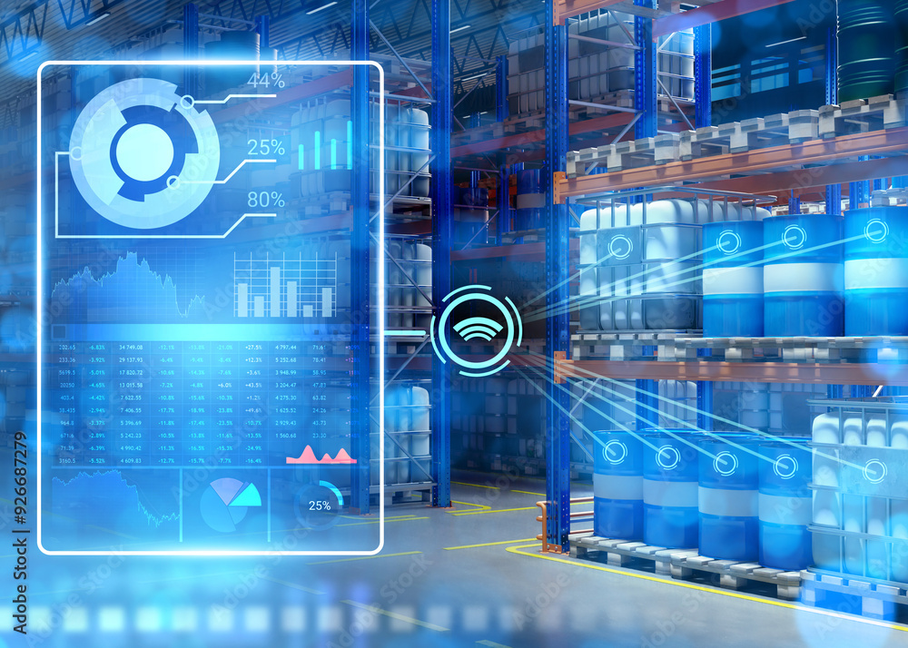 Poster warehouse technologies. futuristic logistics center. warehouse with charts on virtual screen. storag