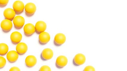 Yellow balls on white background. Minimalistic wallpaper. Light backdrop. Balls roll on white surface. Background for advertising. Copy space. Background with bright balls. 3d image