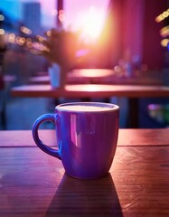 Cup of coffee / tea on a wooden table in the morning light at a restaurant; synthwave