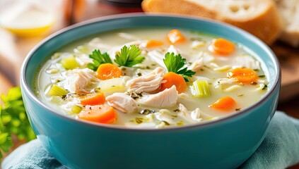 Chicken noodle soup in a teal bowl.