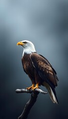 Obraz premium A bald eagle perched on a branch against a dark background